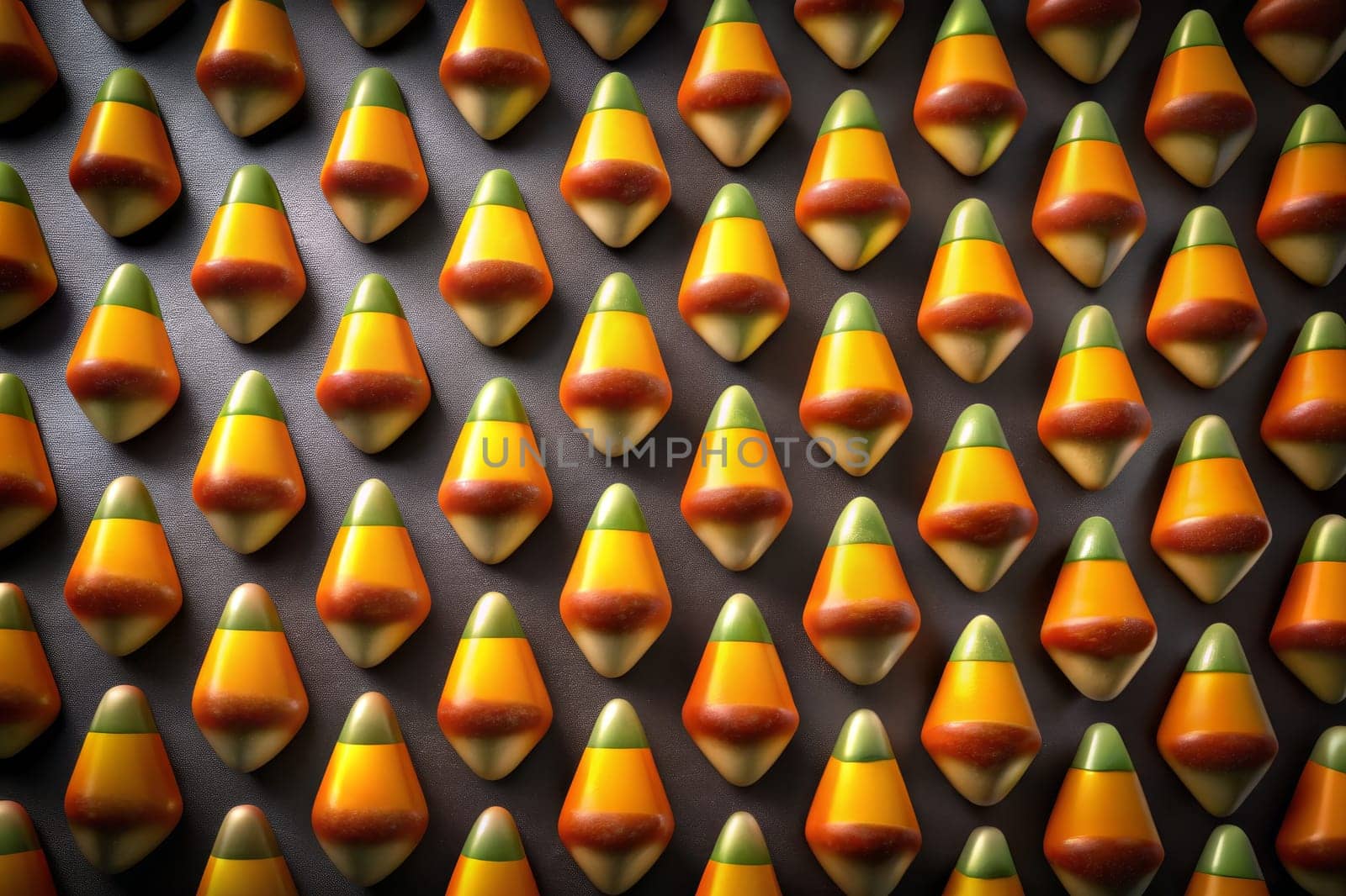Clusters of vibrant candy corn in shades of yellow, orange, and green create a playful and festive arrangement against a shadowy backdrop, capturing the spirit of autumn celebrations. Their unique triangular shapes highlight the joyous and nostalgic essence of seasonal treats.