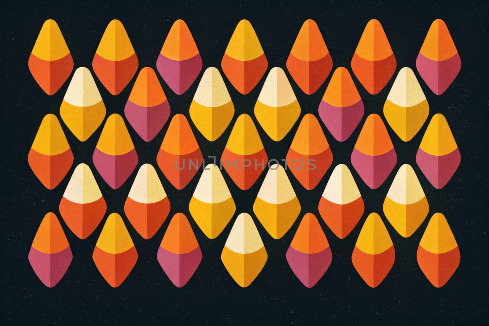 A striking display of intricately designed candy corn shapes crafted in vivid colors adorns a deep black background. The arrangement showcases a rhythmic pattern, highlighting hues of orange, yellow, and purple, evoking a festive autumn atmosphere perfect for seasonal celebrations.