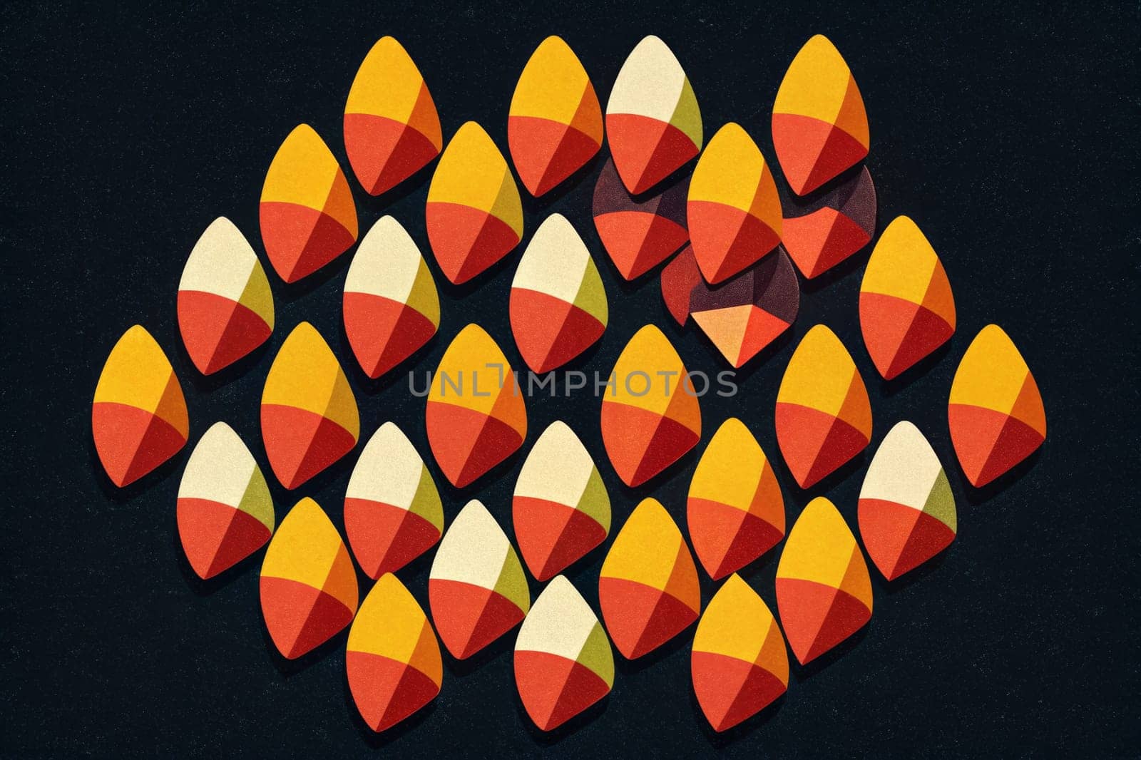 A striking display of intricately designed candy corn shapes crafted in vivid colors adorns a deep black background. The arrangement showcases a rhythmic pattern, highlighting hues of orange, yellow, and purple, evoking a festive autumn atmosphere perfect for seasonal celebrations.