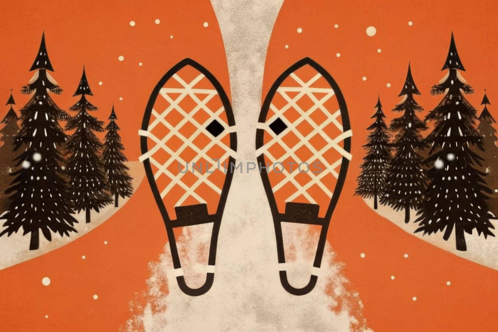 Snowshoes rest upon a vibrant backdrop of orange, surrounded by gently falling snowflakes. Pine trees frame a narrow path, suggesting a peaceful trek through a chilly winter landscape. The tranquility of nature invites adventurers to embrace the snowy adventure ahead.