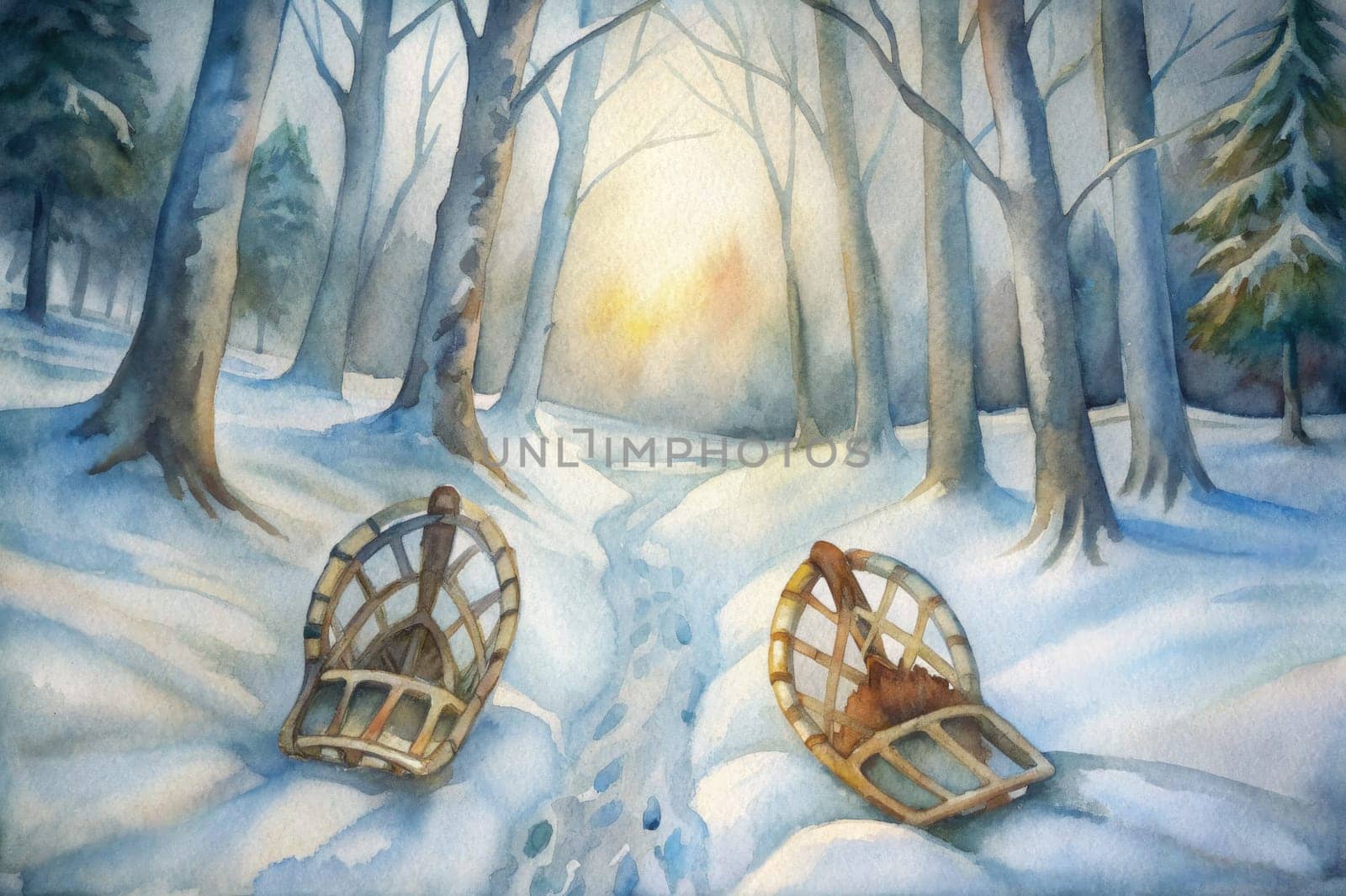 A tranquil winter morning envelops a serene forest, where the snow blankets the ground and clings to the tree branches. Two sleds rest alongside a winding path, hinting at a recent journey. Soft sunlight filters through the trees, casting a warm glow over the landscape, inviting exploration and adventure in the frosty air.