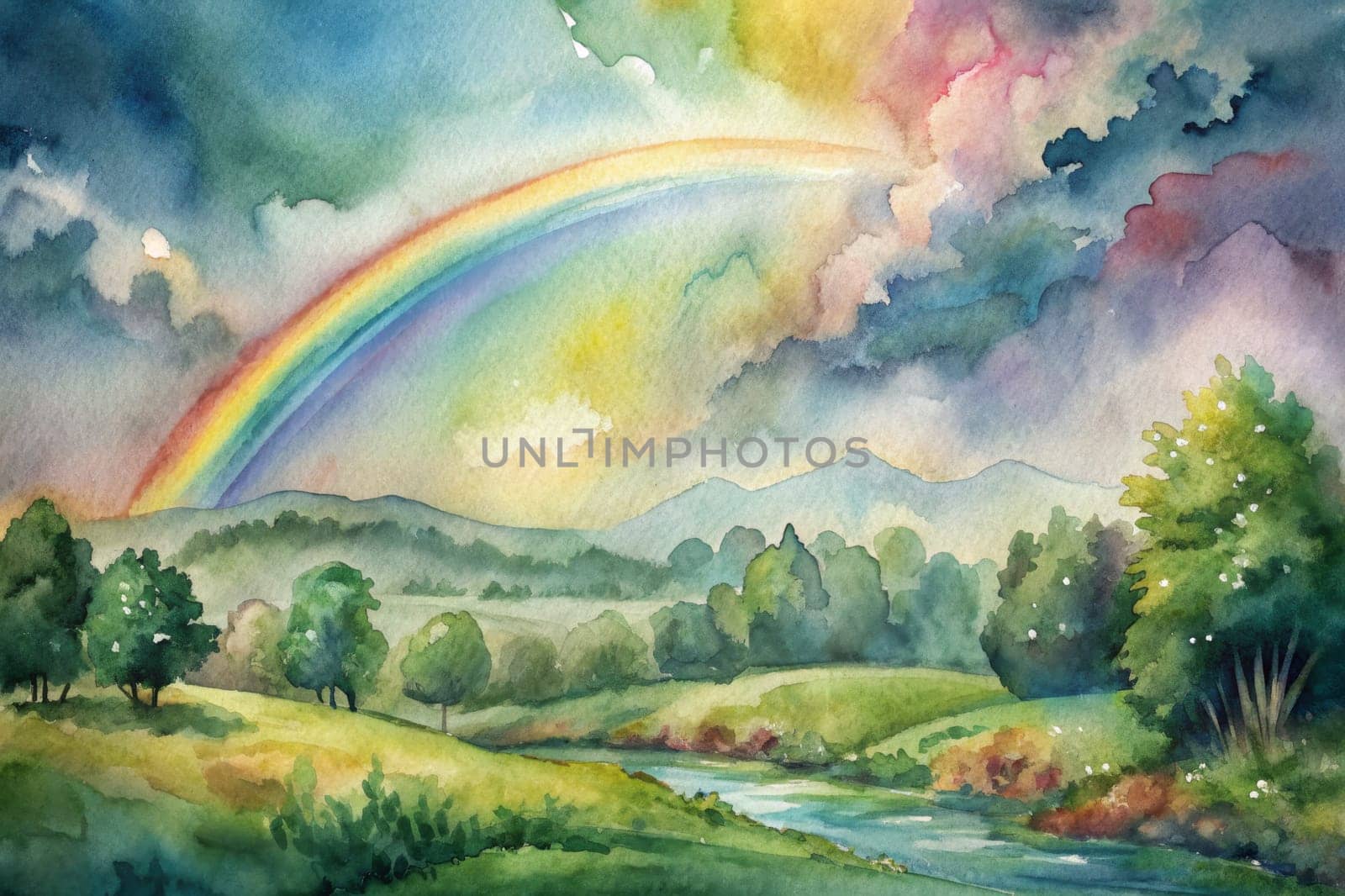 A stunning natural artwork captures a brilliant rainbow stretching across the sky over rolling green hills. The colorful arc contrasts beautifully with the dark, moody clouds above, while the warm hues of the setting sun illuminate the landscape, creating a serene and captivating atmosphere.