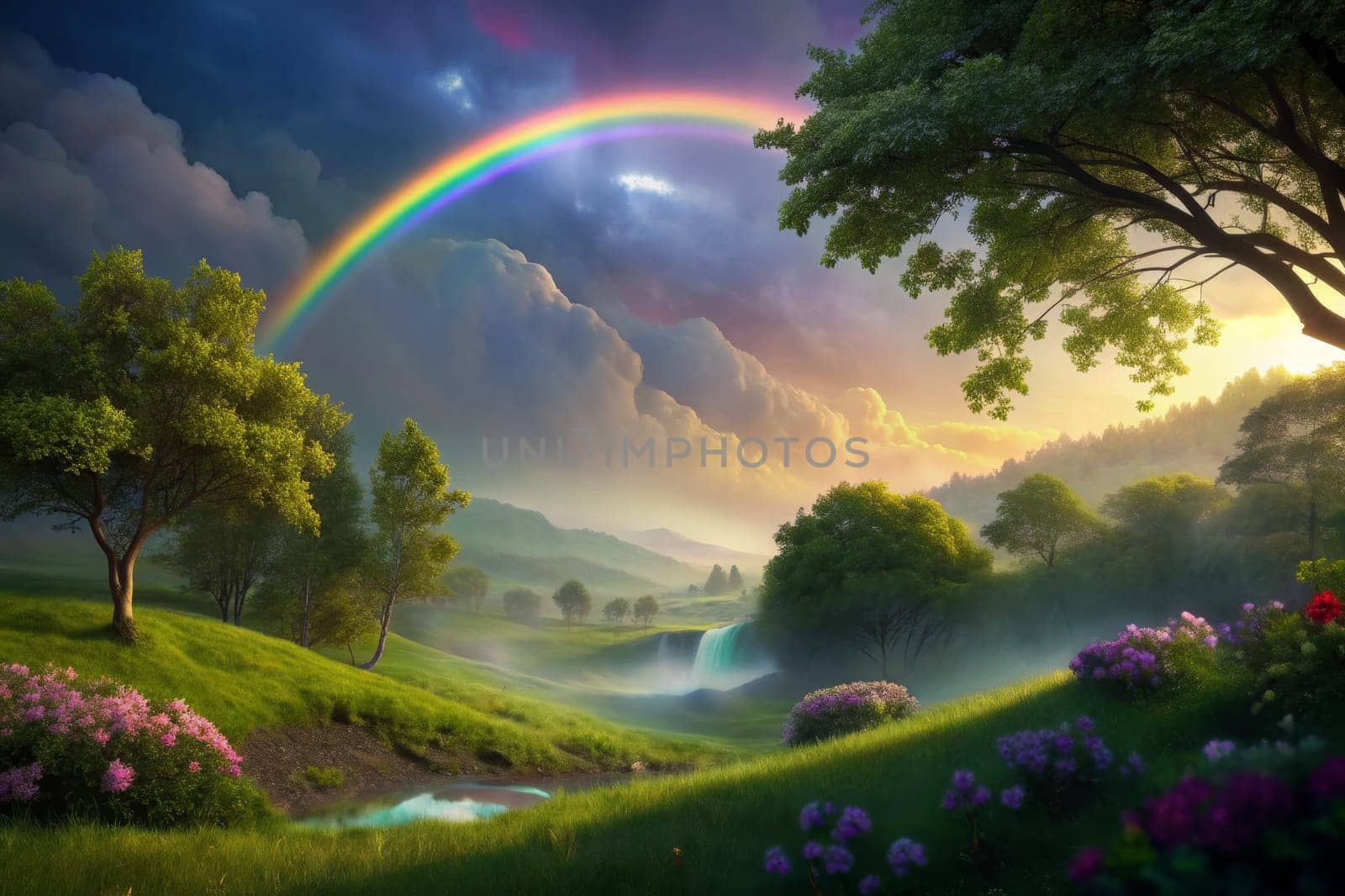 Beneath a vibrant sky filled with dramatic clouds, a stunning rainbow stretches across the landscape, illuminating the lush green valley as the sun sets. Beautiful trees line the riverbank, while flowers bloom in the foreground, creating a picturesque scene of nature's wonder.