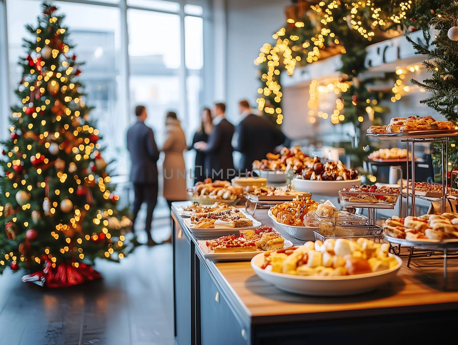 Christmas party buffet table filled with an array of appetizers, festive lights, and a decorated Christmas tree in the background. A cheerful holiday atmosphere with people mingling.