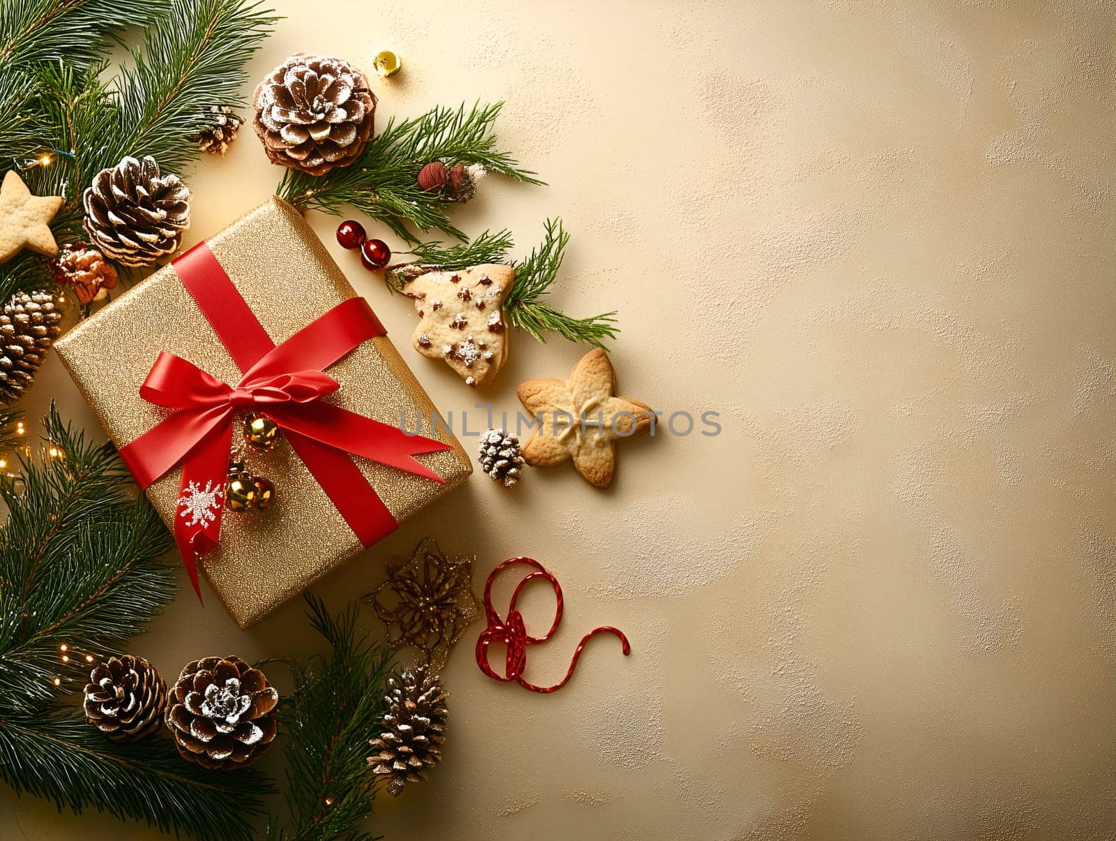Festive Christmas composition with a golden gift box tied with a red ribbon, pinecones, gingerbread cookies, and green branches on a textured golden background. Perfect for holiday projects.