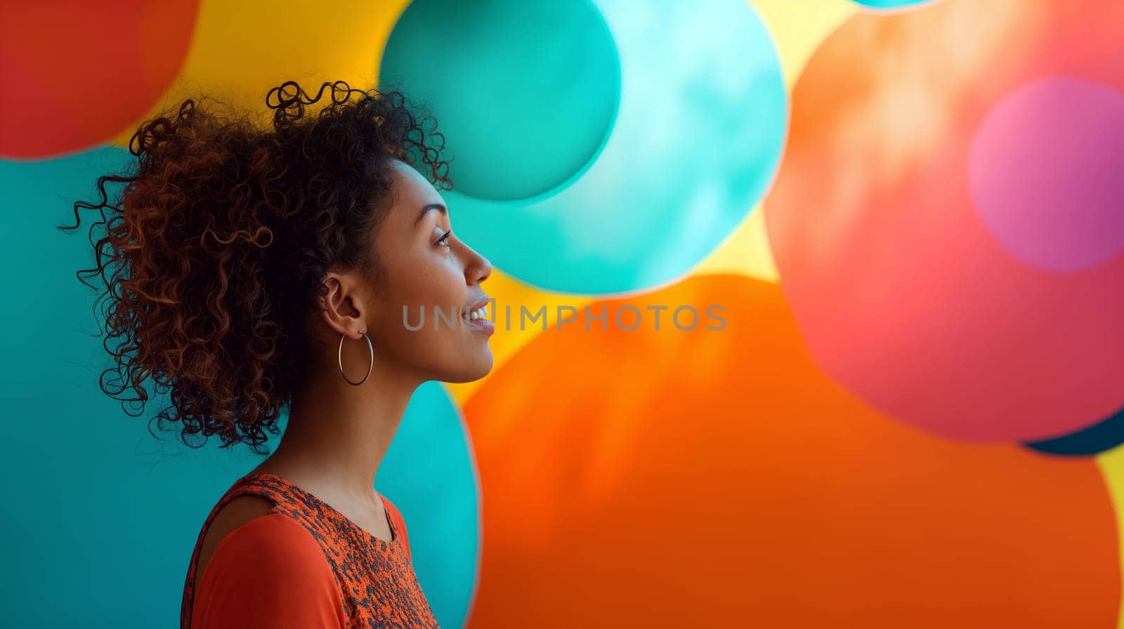 A young woman with curly hair stands in profile, gazing at colorful circular mural artwork in a contemporary gallery - Generative AI