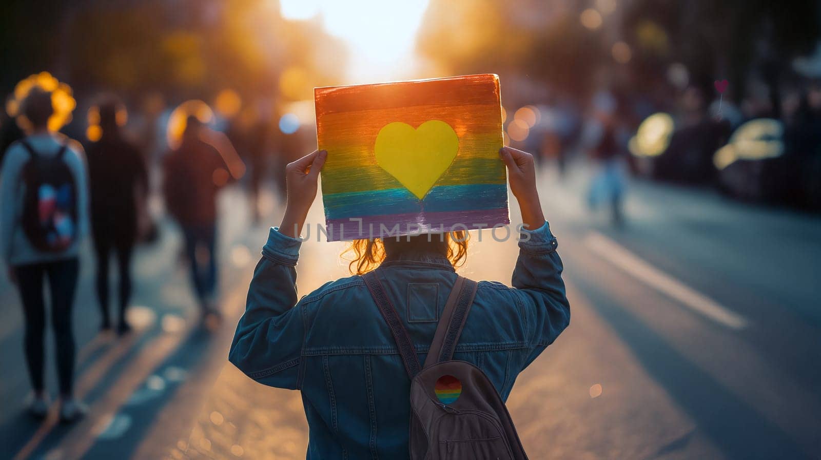 During a lively LGBTQ pride parade at sunset, an individual displays a rainbow flag featuring a heart symbol, surrounded by a festive crowd - Generative AI