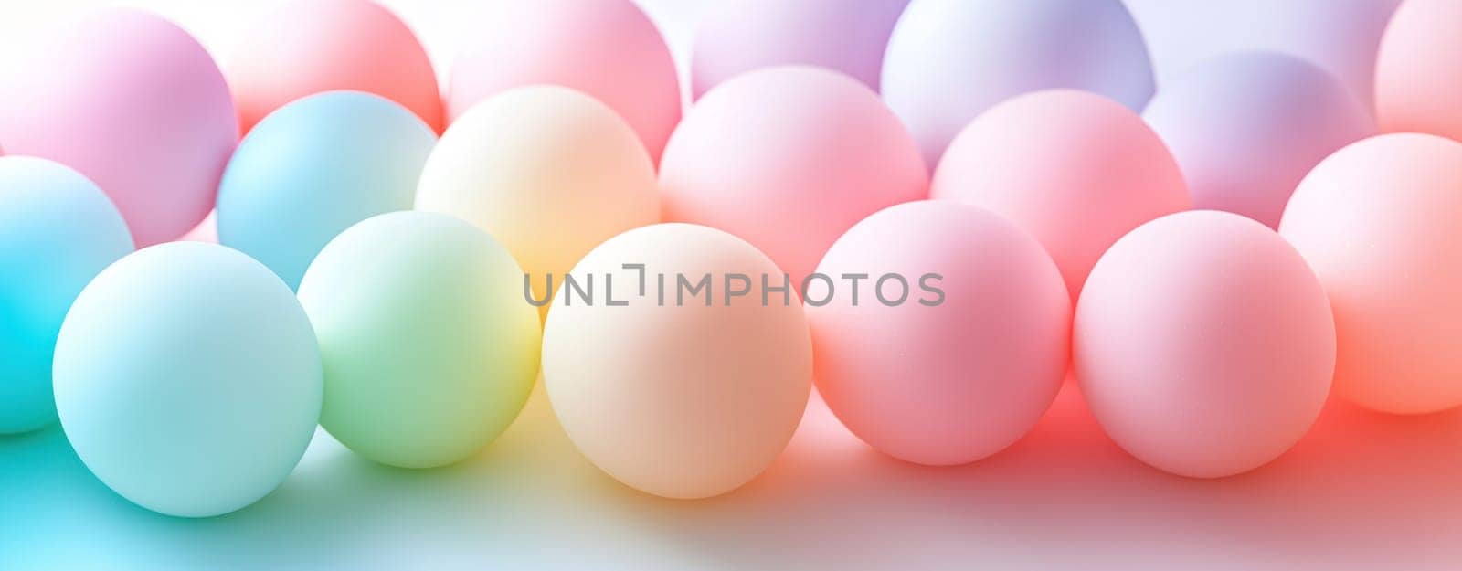 Soft pastel colored spheres create serene and playful atmosphere.