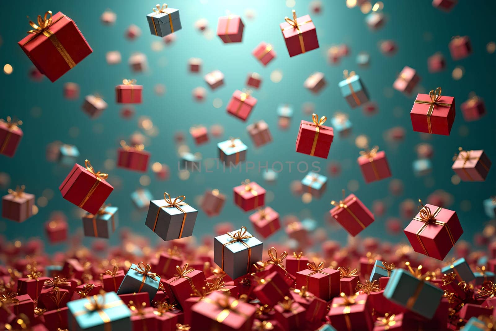 Small red and blue gift boxes with golden ribbons are falling against a soft background, creating a cheerful holiday atmosphere - Generative AI