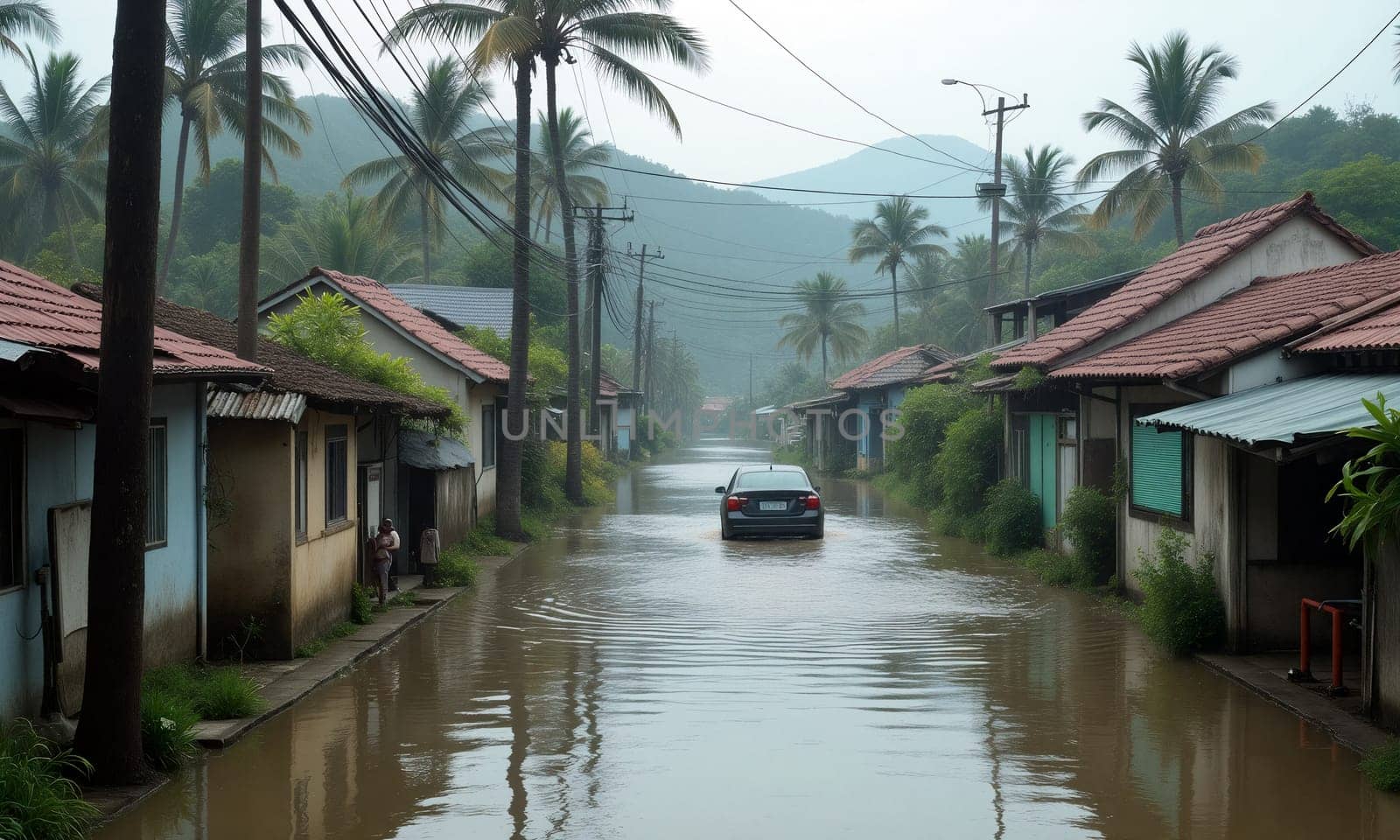 A car slowly navigates through a flooded street in a coastal village, surrounded by houses and palm trees after heavy rainfall - Generative AI