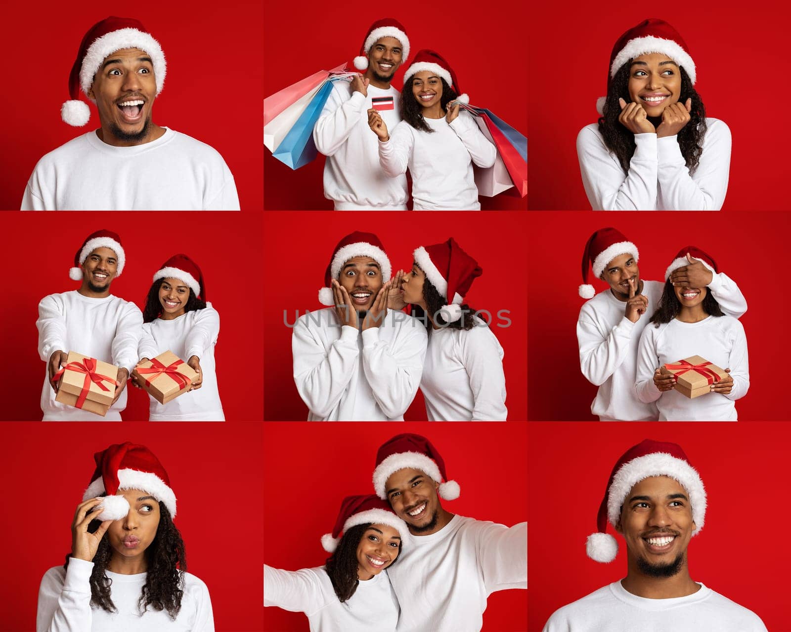 A black couple celebrates the holiday season with festive expressions, wearing Santa hats and sharing gifts. Their cheerful demeanor shines against a bright red background.