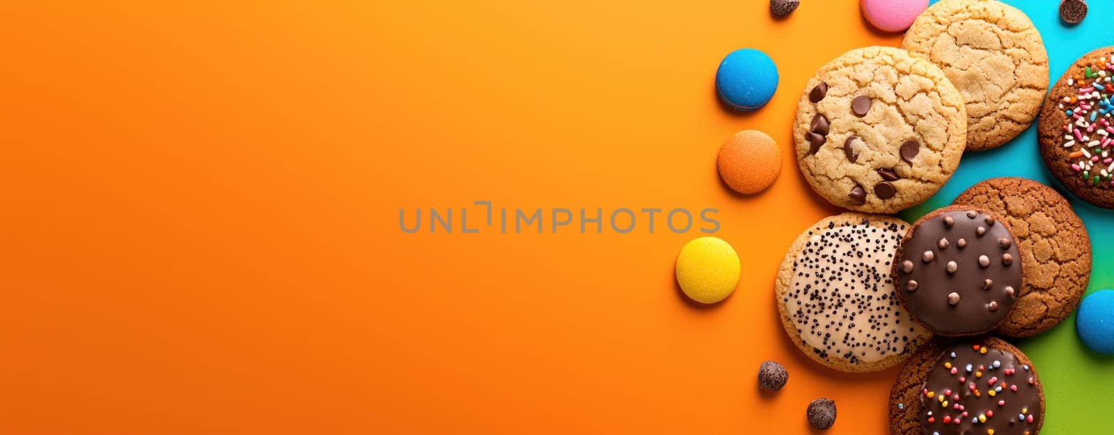 Delightful assortment of cookies and colorful candies on vibrant orange background, perfect for any sweet occasion.