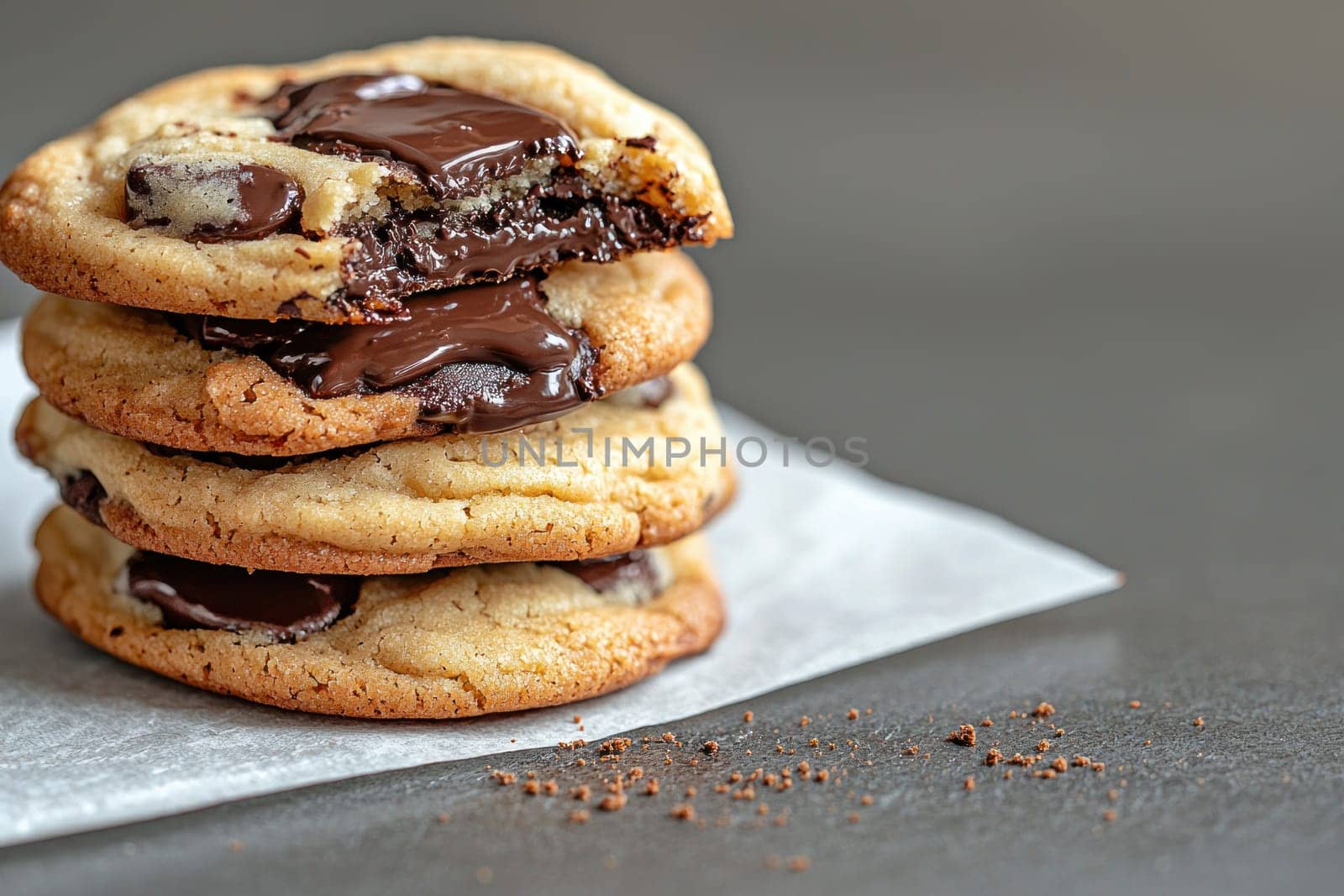Delicious homemade chocolate chip cookies stacked high, showcasing gooey melted chocolate in center. Perfect for dessert lovers.