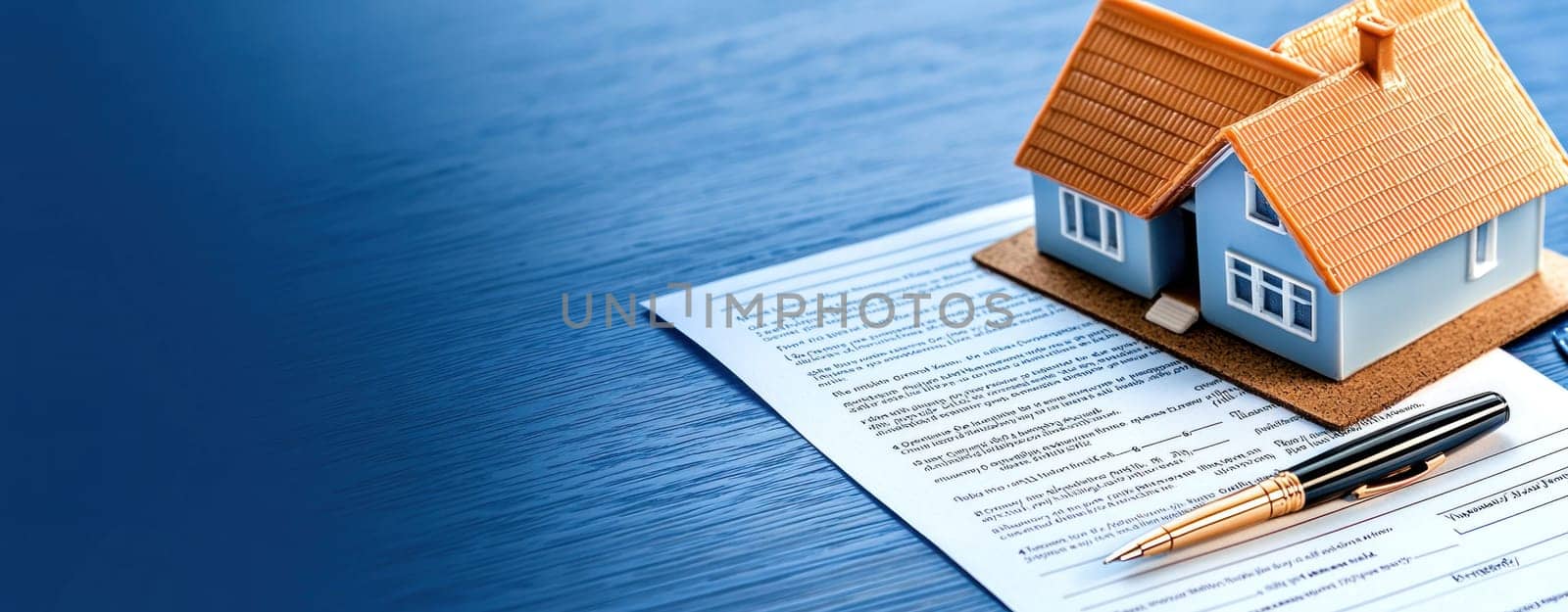 mortgage contract with model house and pen symbolizes home ownership.