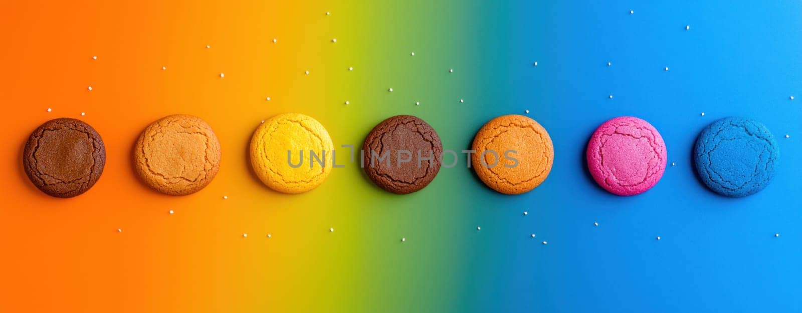 Colorful cookies arranged in vibrant gradient, showcasing various flavors and textures. bright hues create cheerful and inviting atmosphere, perfect for dessert lovers.