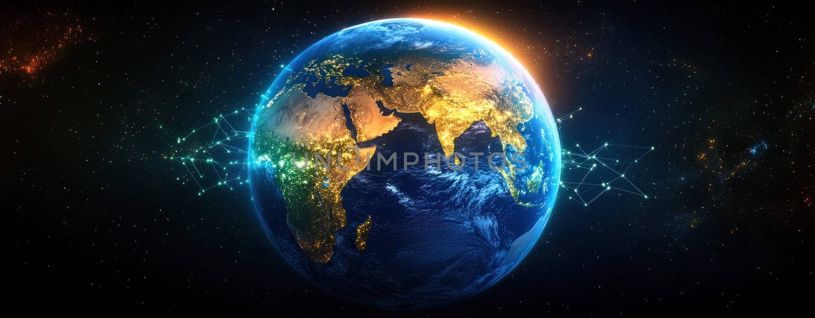 stunning digital globe showcasing vibrant continents and network connections, symbolizing global connectivity and technological advancement.