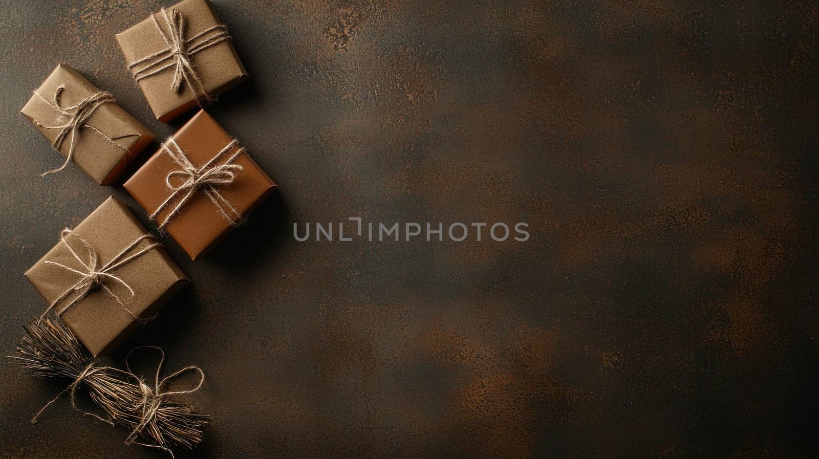 Small gift boxes wrapped in brown paper and twine create festive atmosphere on dark textured background, perfect for celebrations and special occasions.