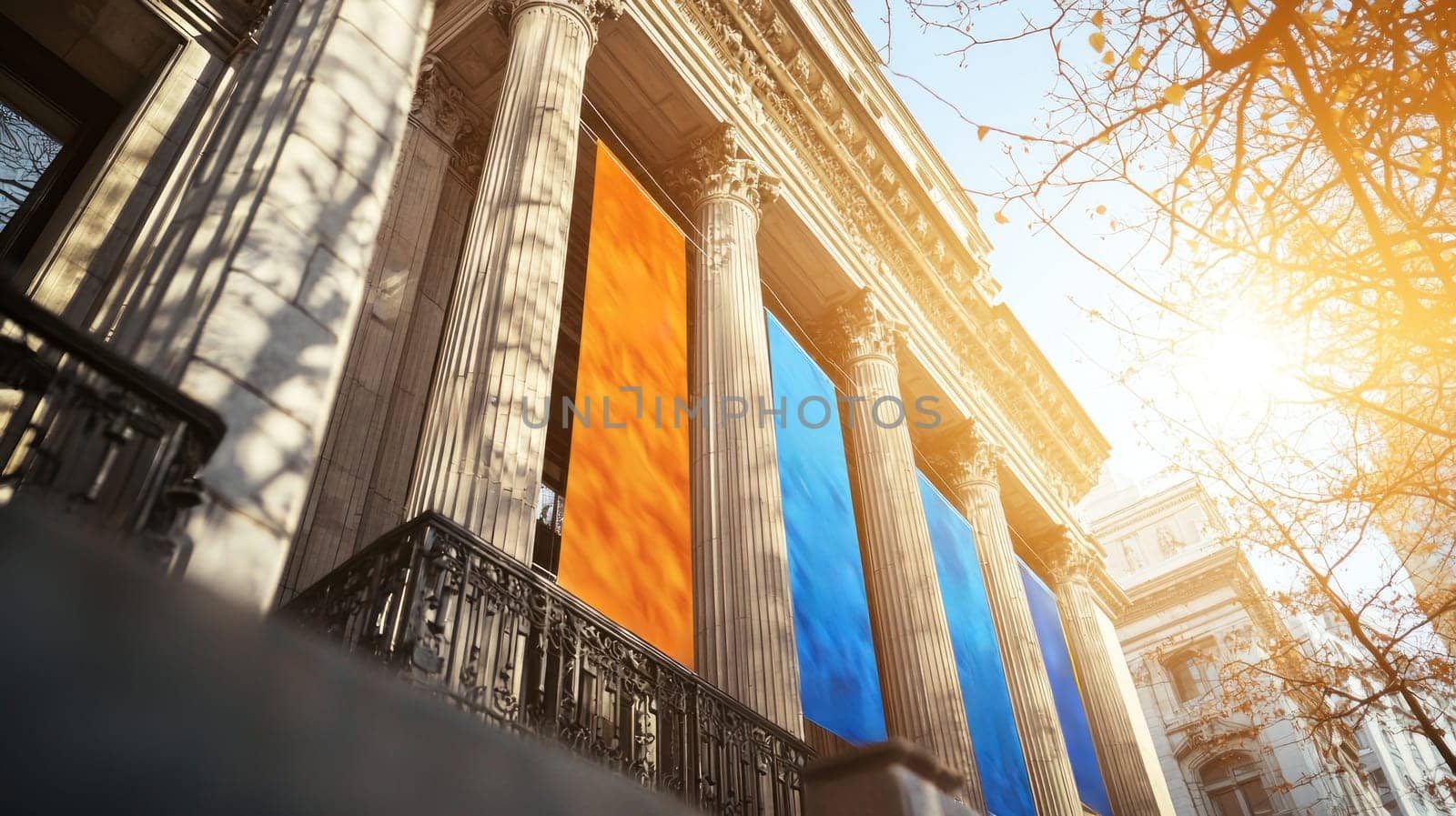 Brightly colored banners adorn historic building facade, creating vibrant atmosphere.