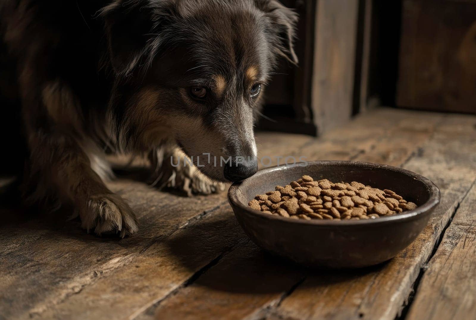 A close-up shot captures a dog intently staring at a bowl of dry kibble dog food, highlighting the pet's anticipation and curiosity toward the meal..