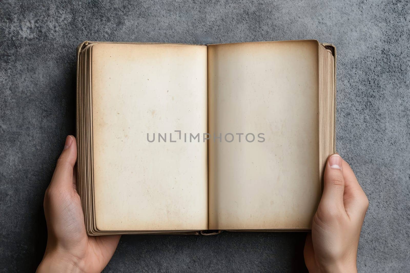 A blank white book with plain pages being held by someone's hands. The person is holding it open to show its interior. High quality illustration