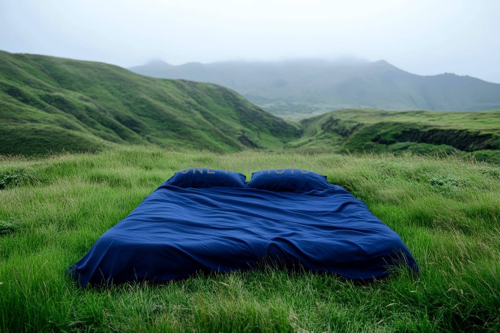 An empty double bed in the middle of grassy hills with foggy mountains..