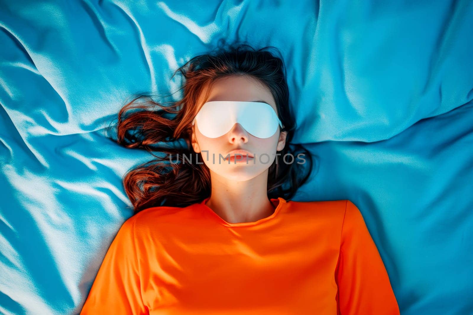 top view shot A woman with a white eye mask and an orange shirt lying on a blue pillow, in a medium shot, in the style of Wes Anderson. --ar 3:2 --v 6.1 Job ID: 584ad776-85c9-40b1-a8d1-803e2f720e67