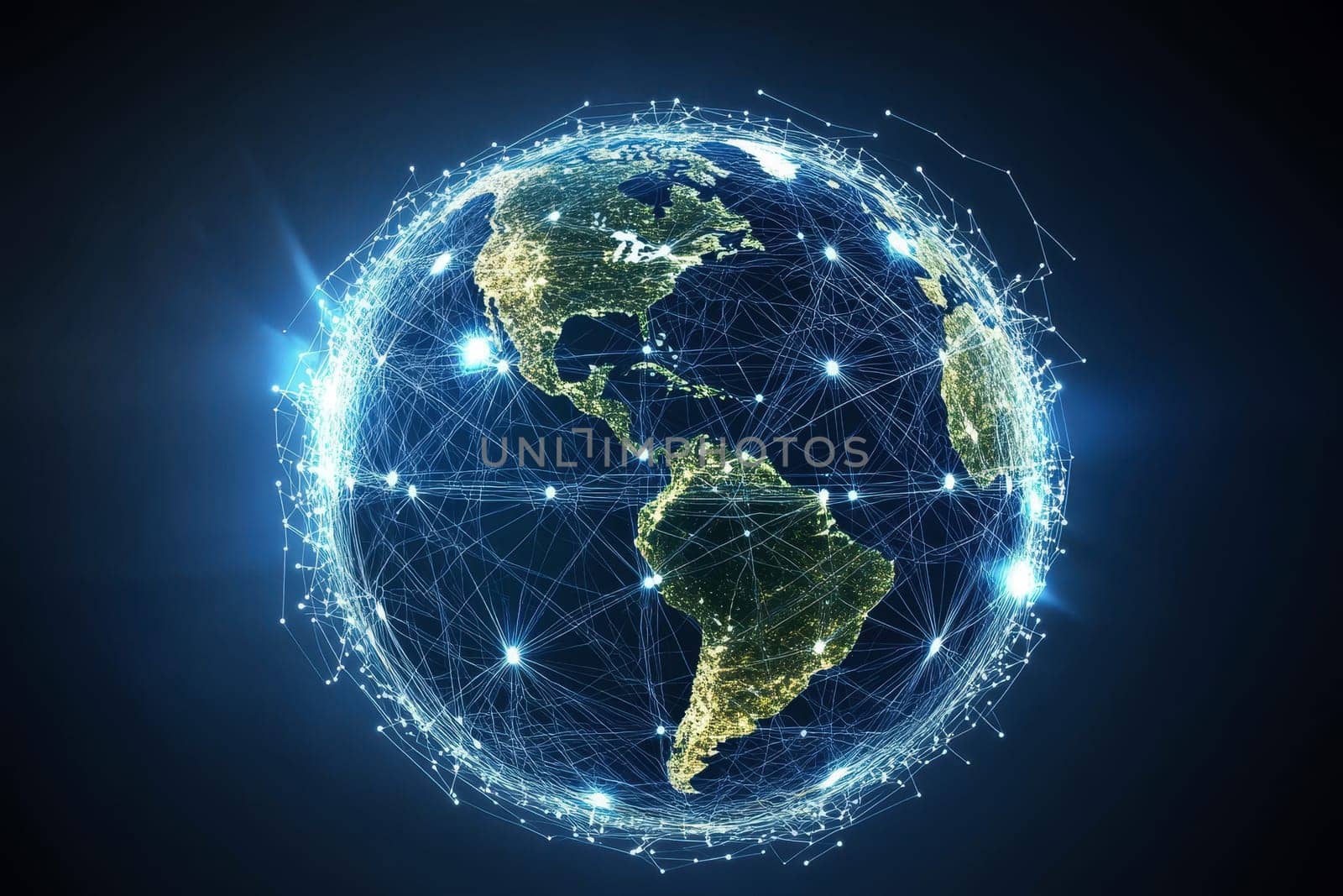 An aerial shot of a digital globe with trade routes connecting major countries, illustrating global free trade agreements and partnerships. High quality illustration
