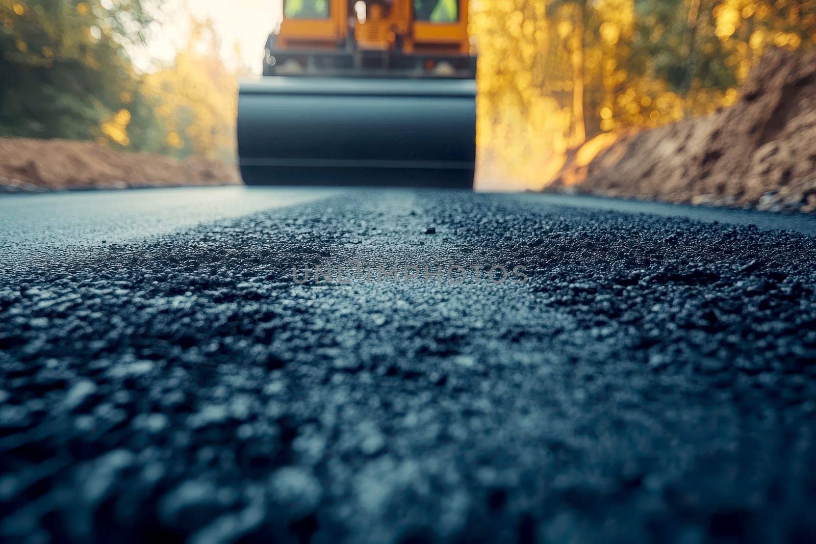 A close up of a freshly laid asphalt road, with a tractor and construction worker in the distance, blurred by a shallow depth of field. The headlights of the tractor are reflected in the wet asphalt..