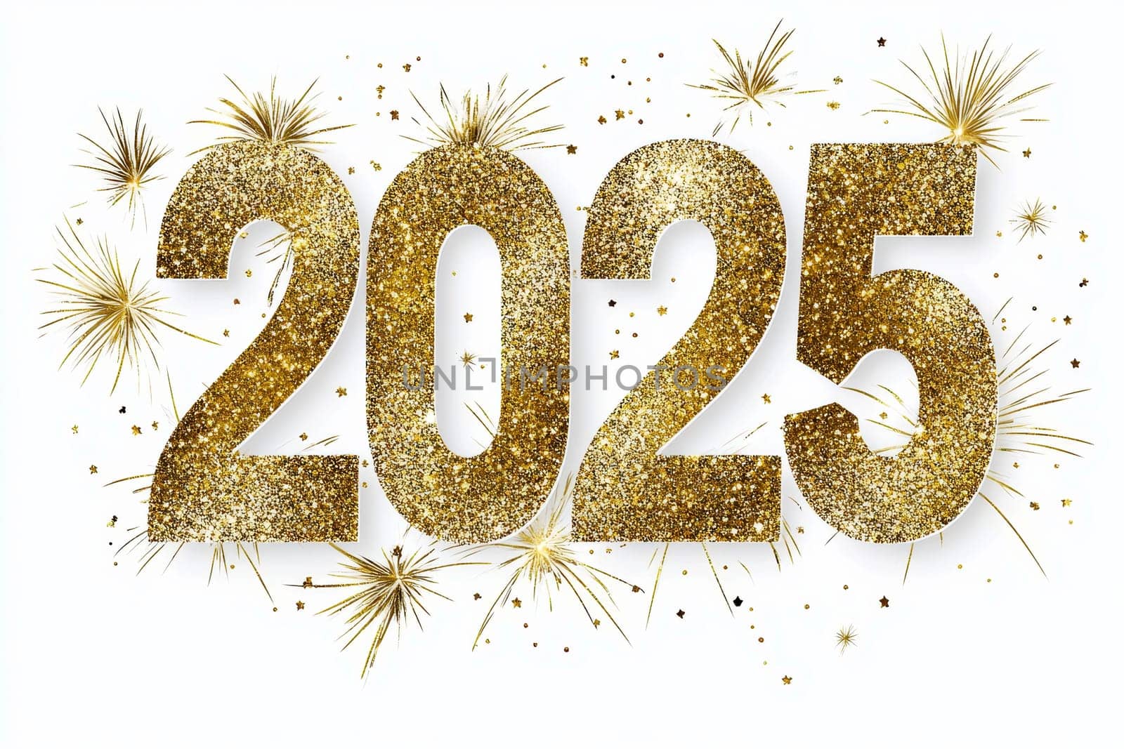 Golden 2025 text in glitter texture with golden fireworks n, isolated on white background. Sparkling design ideal for New Year celebrations, invitations, or festive party decoration. High quality illustration
