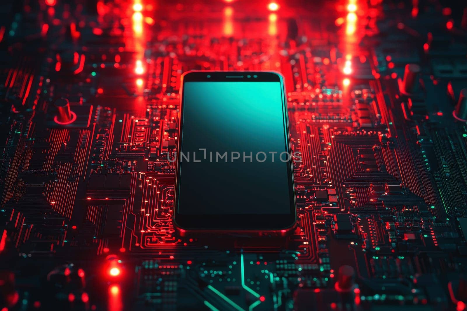 modern smartphone with a blank screen for mockup on glowing red and green futuristic background..