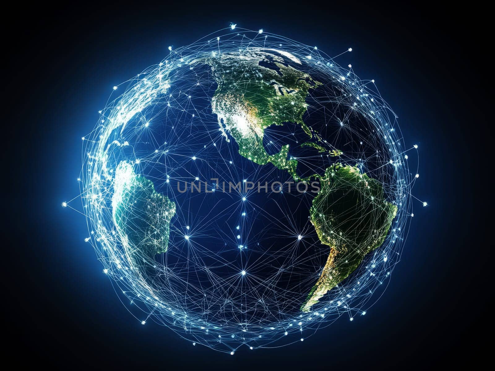 An aerial shot of a digital globe with trade routes connecting major countries, illustrating global free trade agreements and partnerships..