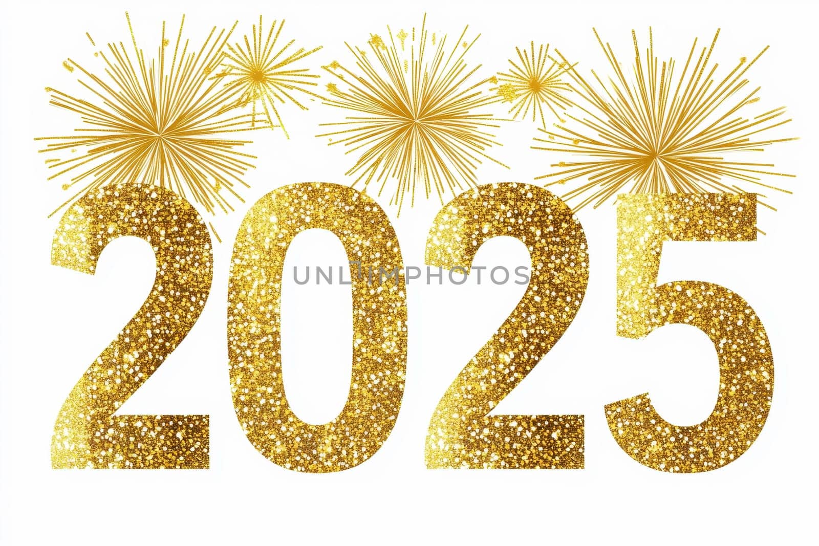 Golden 2025 text in glitter texture with golden fireworks n, isolated on white background. Sparkling design ideal for New Year celebrations, invitations, or festive party decoration. High quality illustration