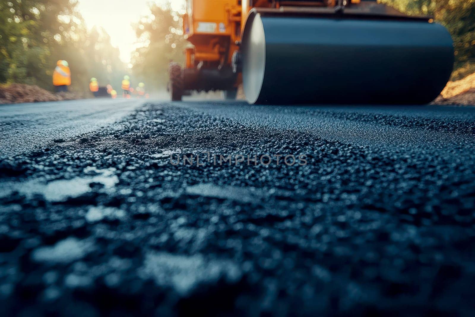 A close up of a freshly laid asphalt road, with a tractor and construction worker in the distance, blurred by a shallow depth of field. The headlights of the tractor are reflected in the wet asphalt..