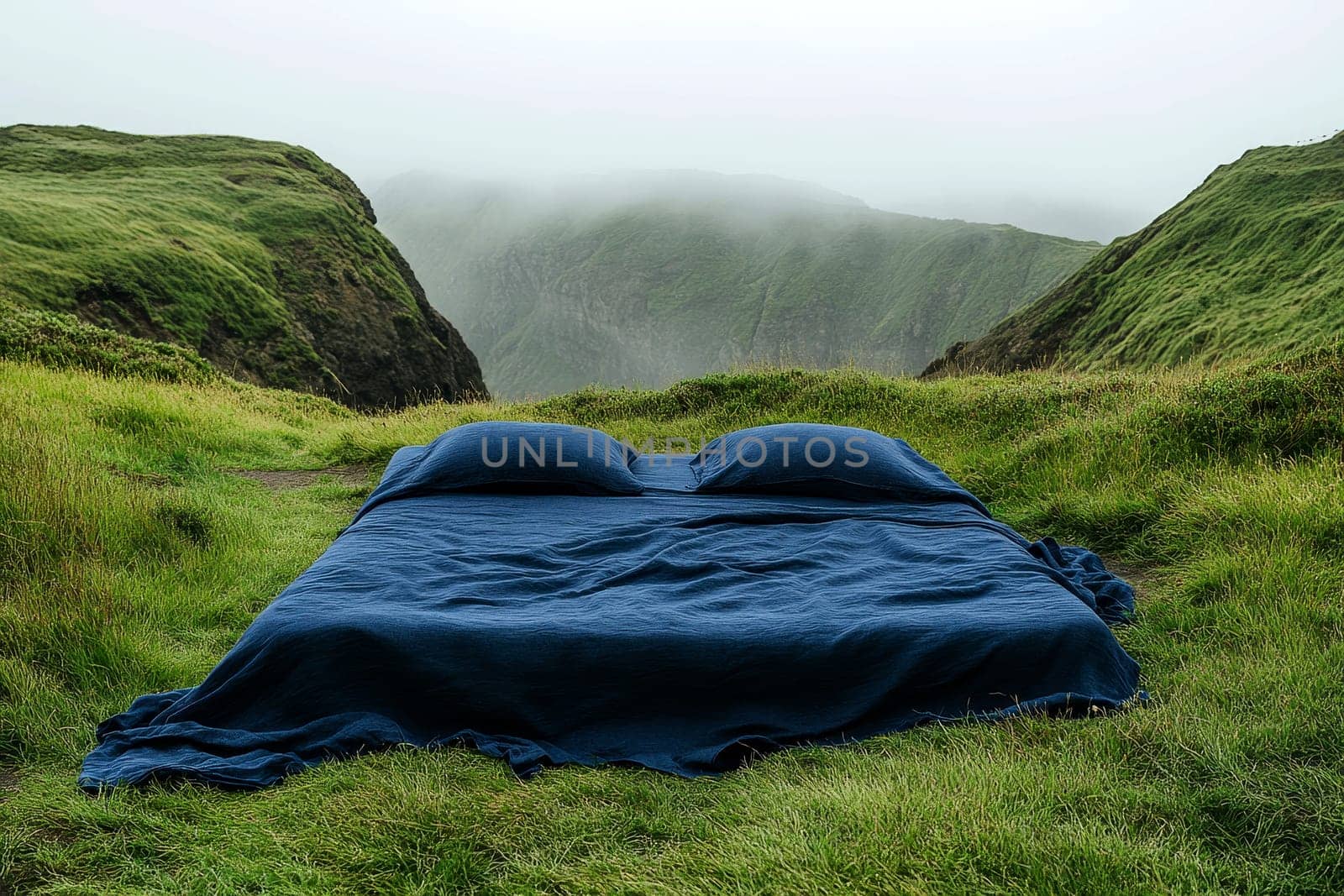 An empty double bed in the middle of grassy hills with foggy mountains..