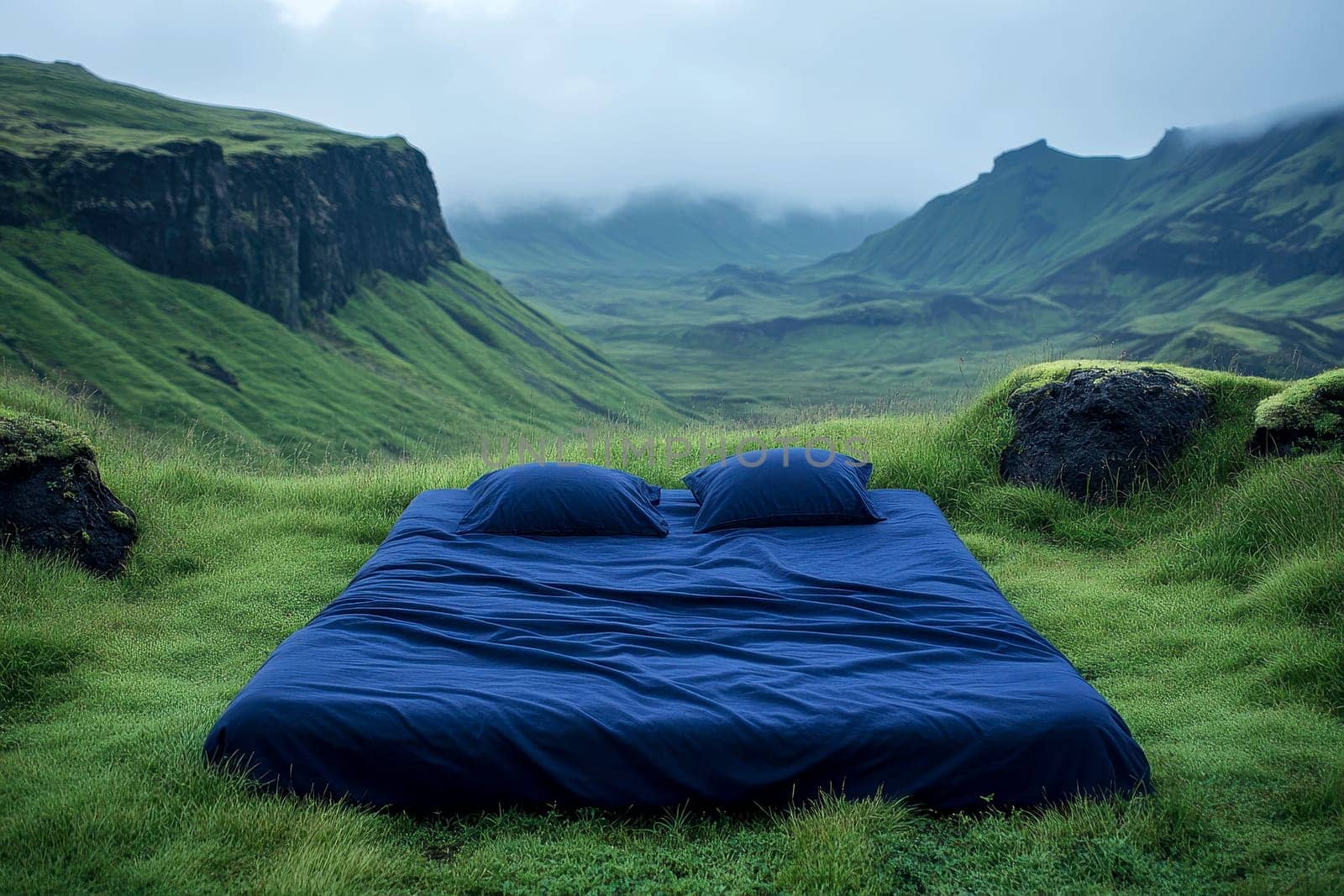 An empty double bed in the middle of grassy hills with foggy mountains..