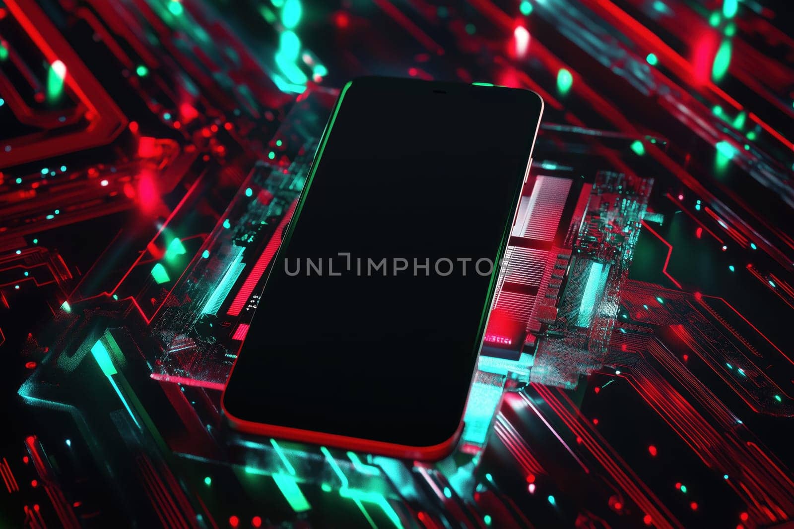 modern smartphone with a blank screen for mockup on glowing red and green futuristic background..