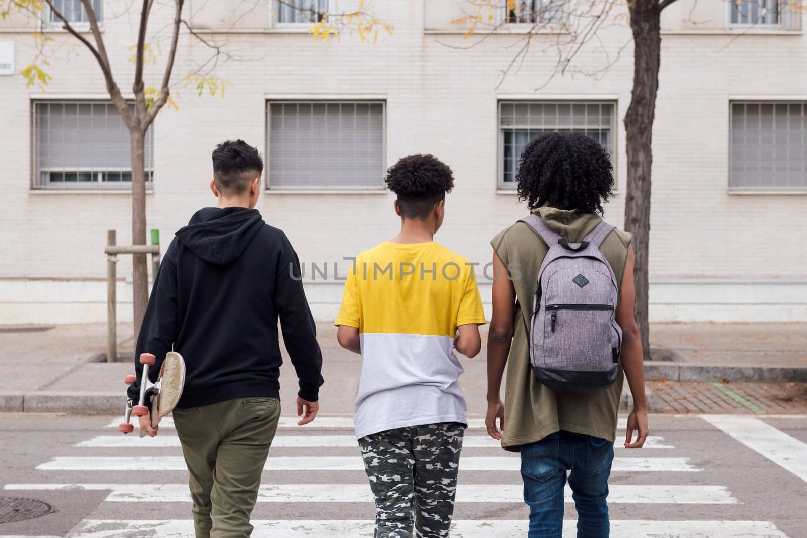 rear view of three diverse teen friends with backpack and skateboard crossing road on crosswalk, concept of youth and urban lifestyle