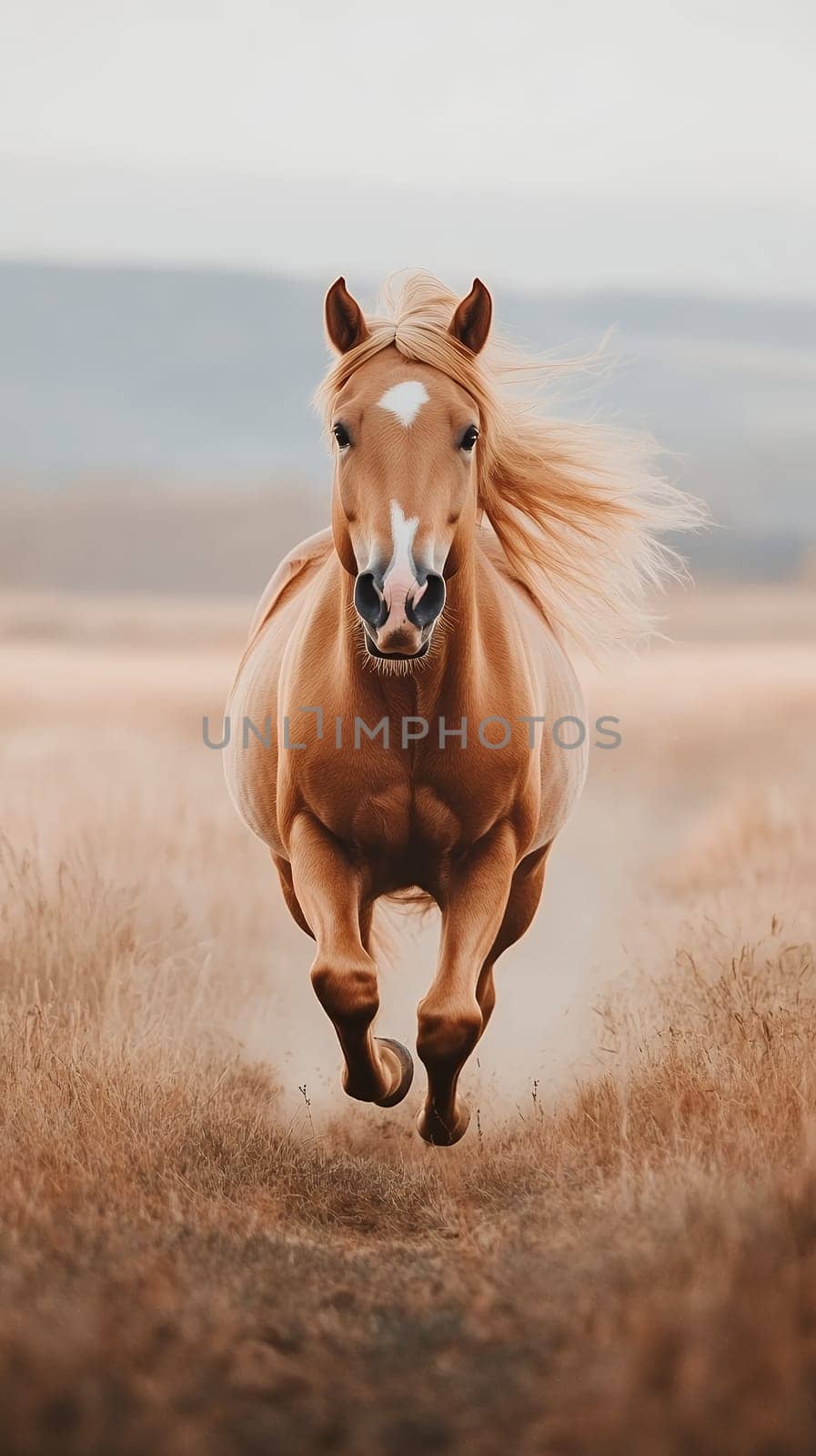 A stunning horse with flowing mane gallops freely through a golden field, embodying strength and grace.
