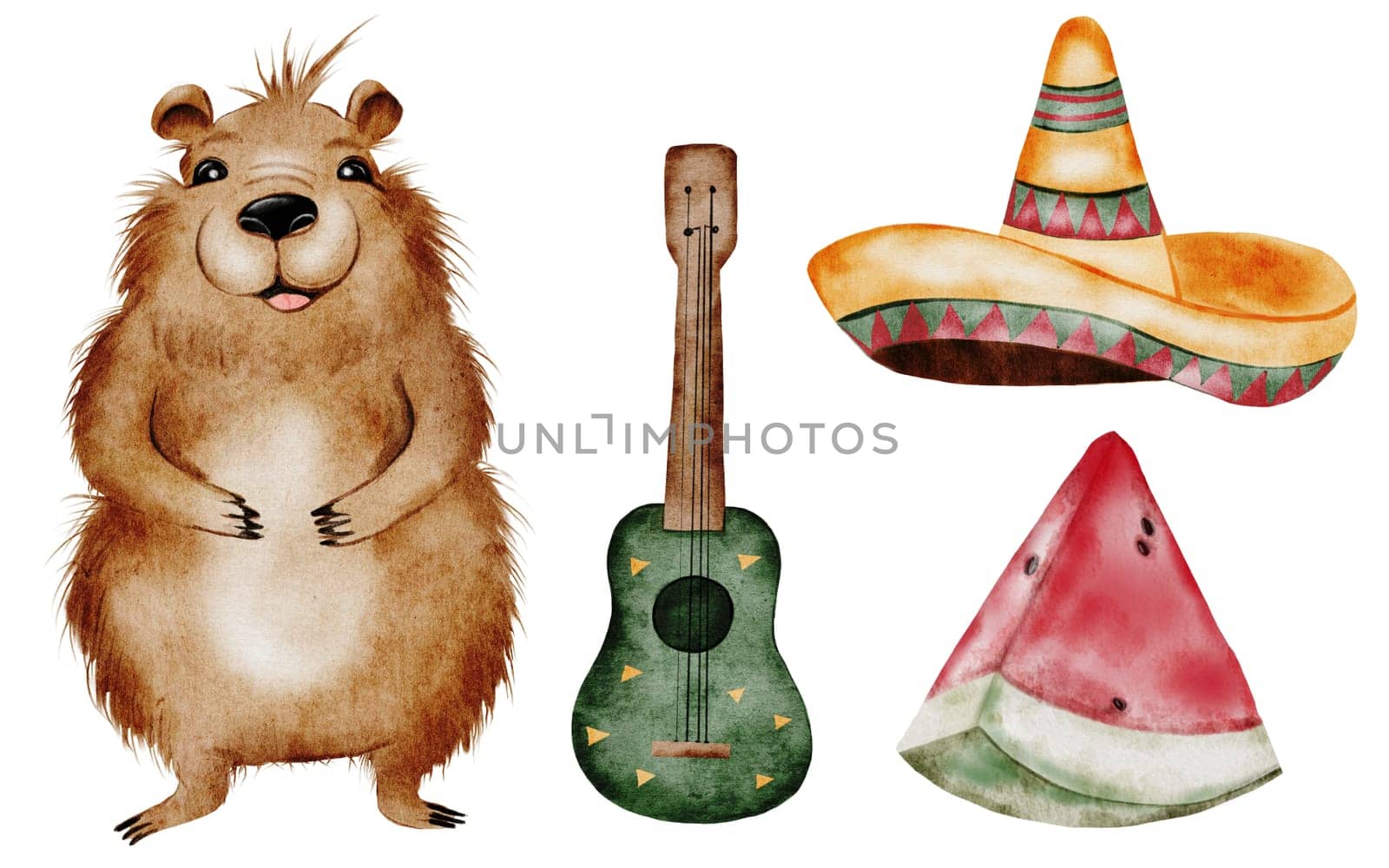 Capybara watercolor set. A funny cartoon animal in a Mexican sombrero hat with a watermelon and cactus. Cute water pig hand drawing on isolated white background. Clip art of a friendly guinea pig. Ideal for stickers, posters and cards. High quality illustration