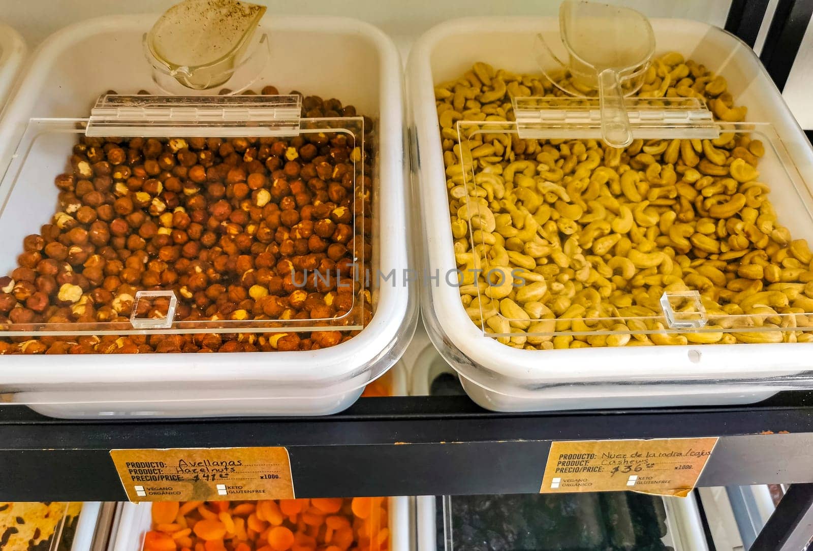 Self service organic store seeds nuts fruit in jars and containers in Zicatela Puerto Escondido Oaxaca Mexico.