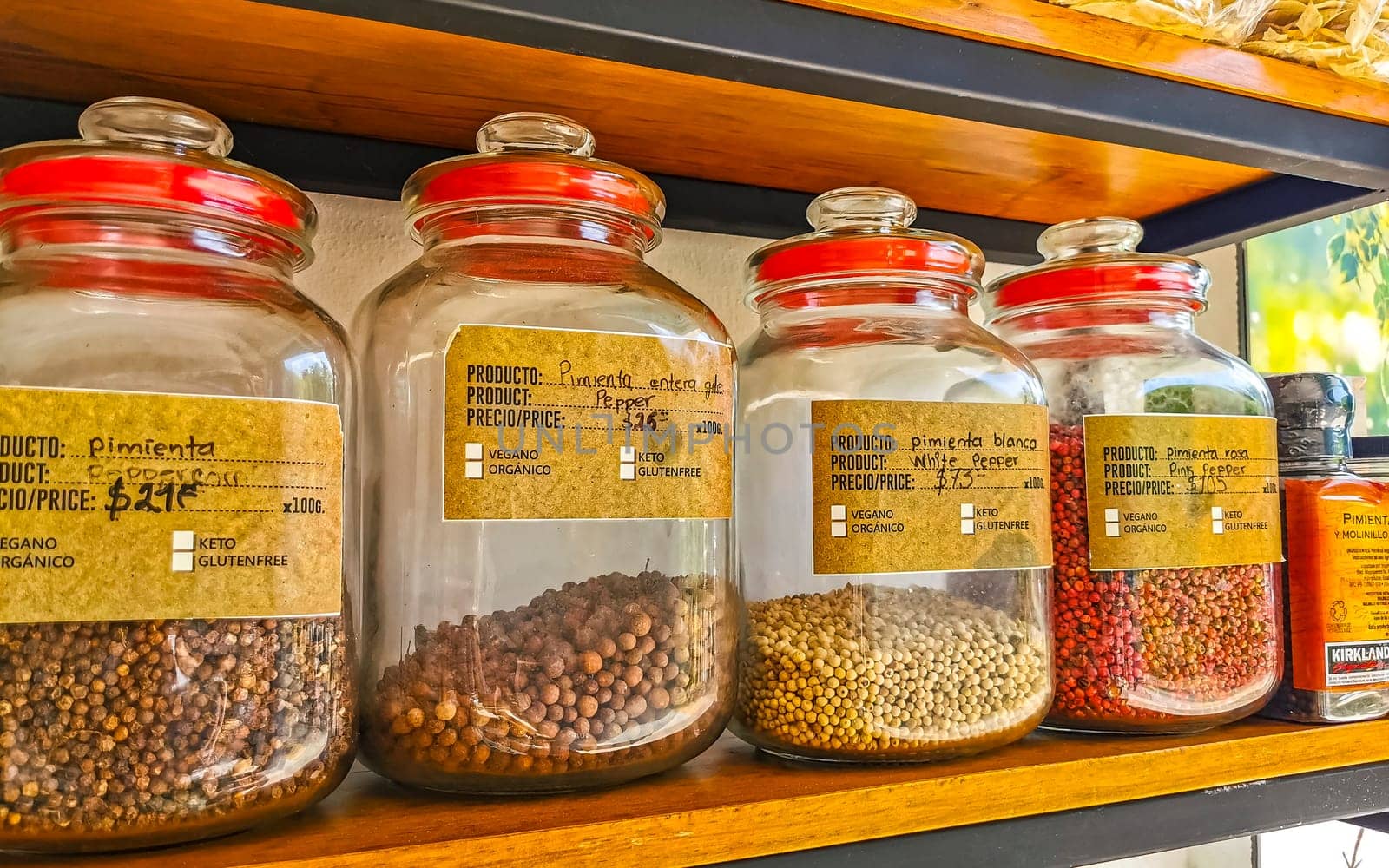 Self service organic store seeds nuts fruit in jars and containers in Zicatela Puerto Escondido Oaxaca Mexico.