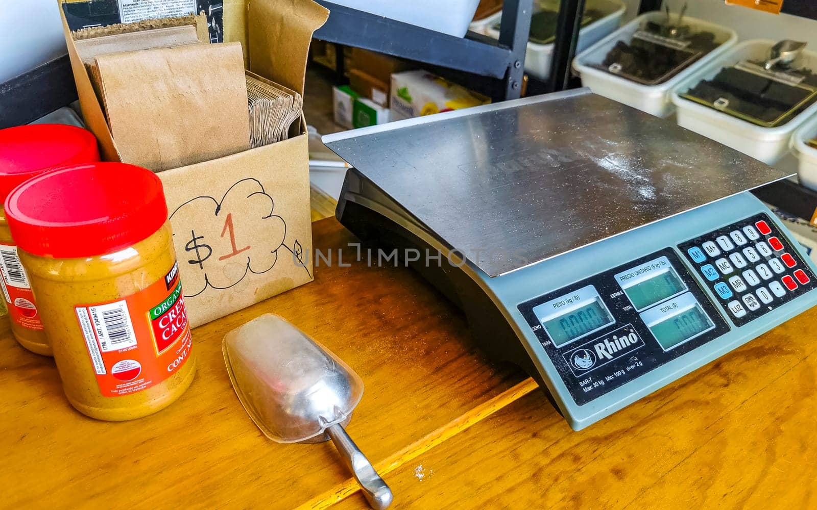 Digital scales at the checkout in Zicatela Puerto Escondido Oaxaca Mexico.