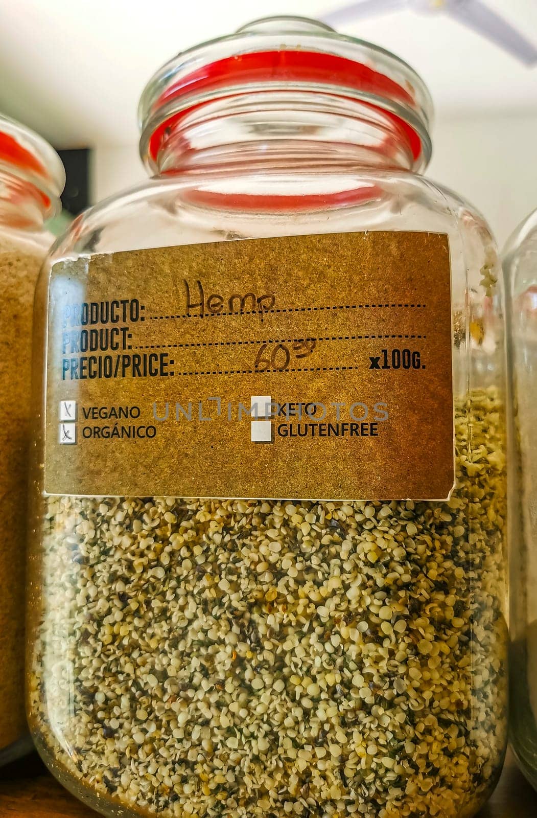 Self service organic store seeds nuts fruit in jars and containers in Zicatela Puerto Escondido Oaxaca Mexico.