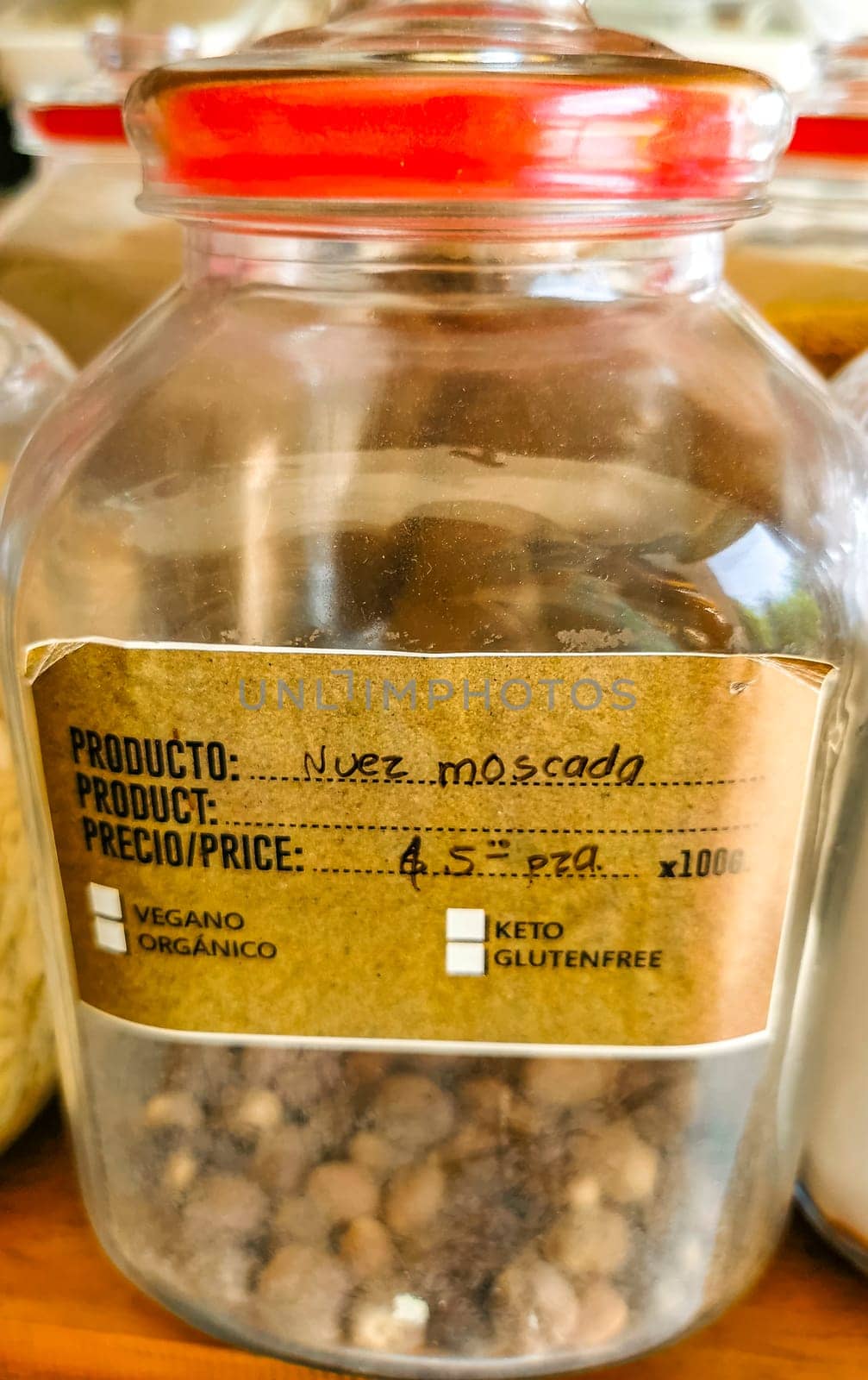 Self service organic store seeds nuts fruit in jars and containers in Zicatela Puerto Escondido Oaxaca Mexico.