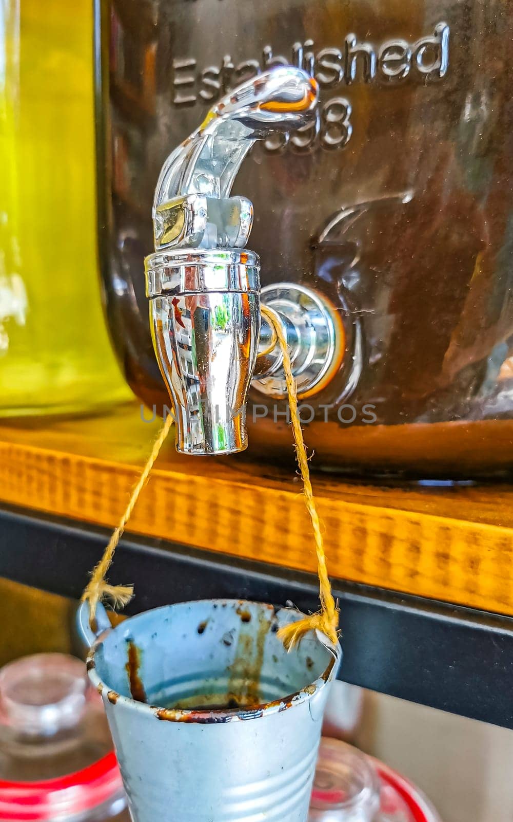 Organic store with self service oils and liquids in jars and bottles in Zicatela Puerto Escondido Oaxaca Mexico.