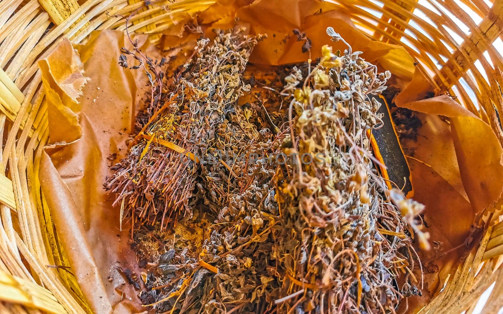 Dried lavender in a wicker basket in Zicatela Puerto Escondido Oaxaca Mexico.