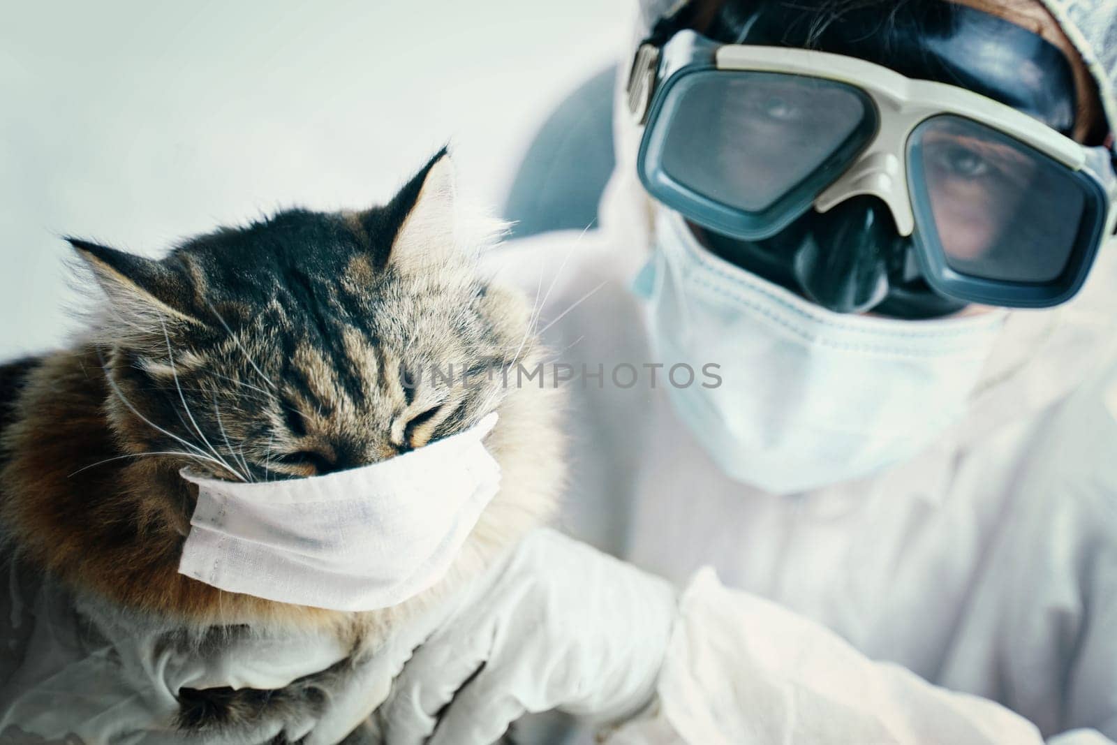 A cat and a person, both in masks and goggles, share a funny safety moment, stressing health protection importance