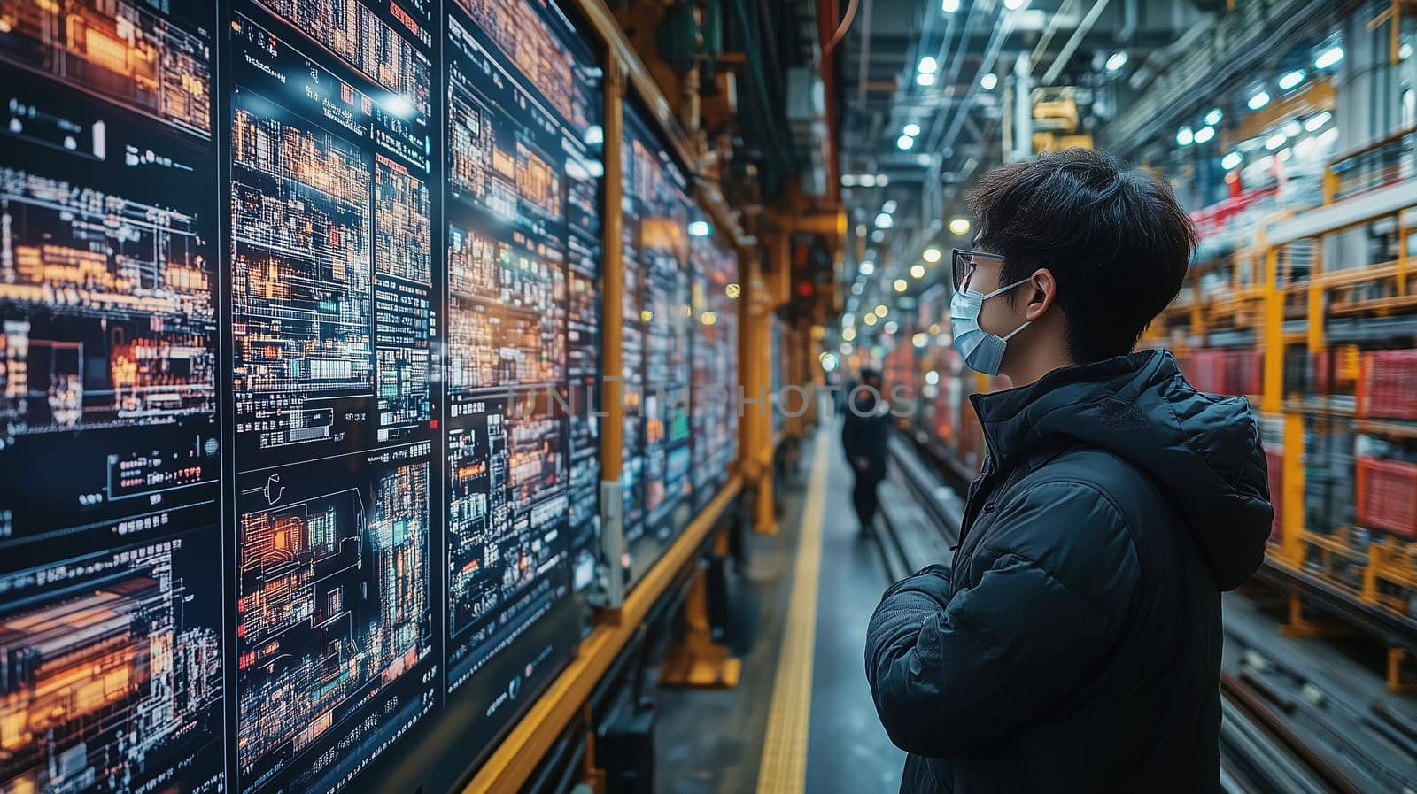 A young engineer wearing a mask observes large data displays inside a contemporary industrial facility. The environment is bright and busy, filled with advanced technology.
