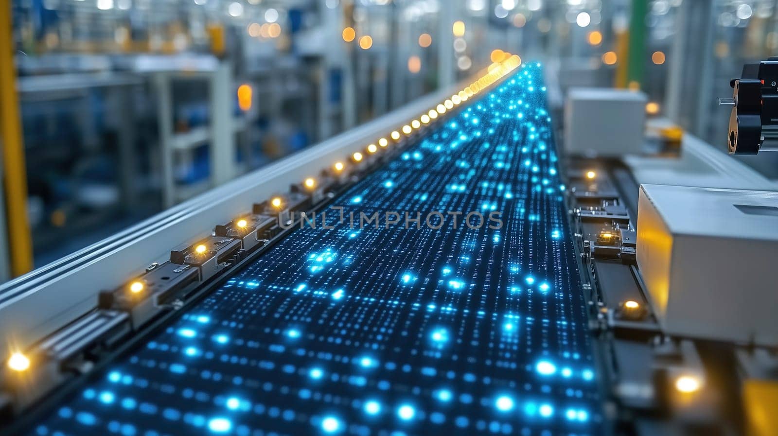 A conveyor belt stretches through a factory filled with glowing blue components, illustrating a modern manufacturing process. The setting is bustling with activity and innovation.