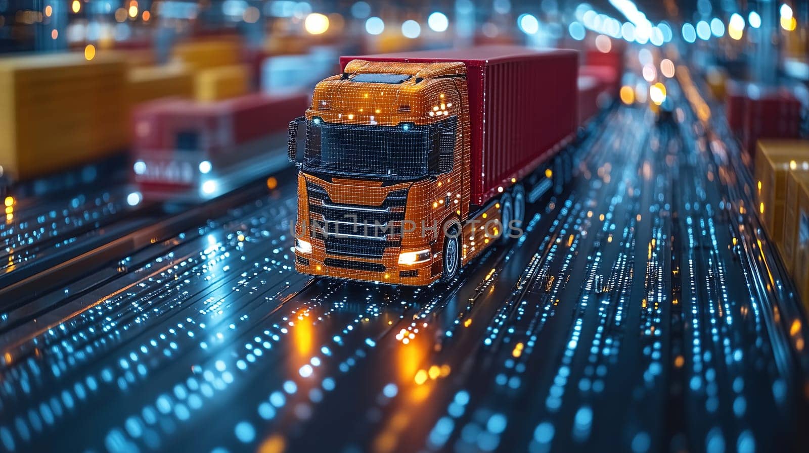 A model truck navigates a shimmering, digital roadway filled with glowing lights and colorful containers, representing a bustling logistics scene at night.